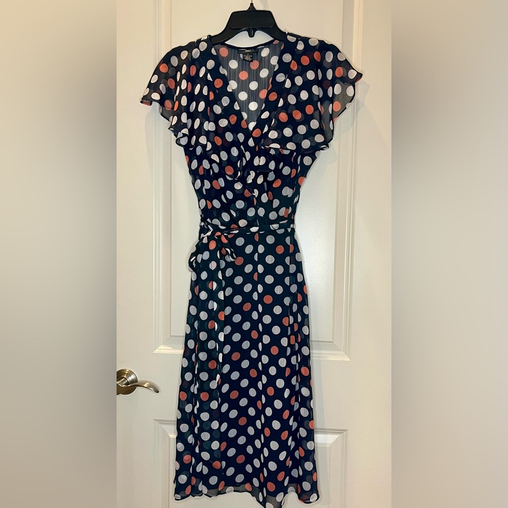 Vintage JBS Navy Polka Dot Ruffle Faux Wrap Dress Chic Size 8